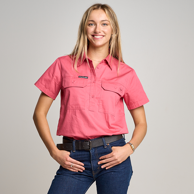 SOMERSET | Womens Half Button Short Sleeve Work Shirt - Hibiscus Pink