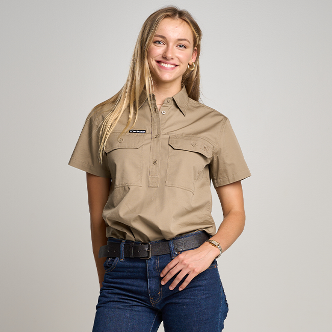 SOMERSET | Womens Half Button Short Sleeve Work Shirt - Khaki