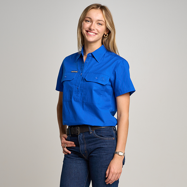 SOMERSET | Womens Half Button Short Sleeve Work Shirt - Royal