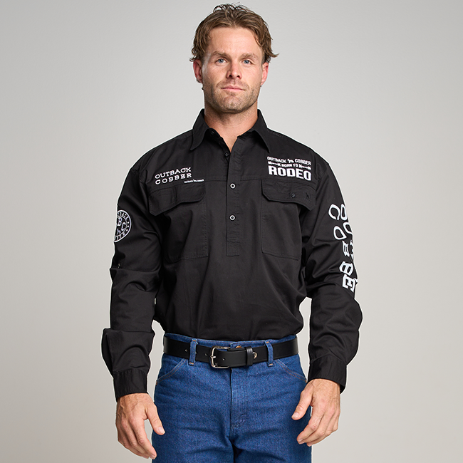 Kilcoy Mens RODEO Half Button Long Sleeve Work Shirt - Black