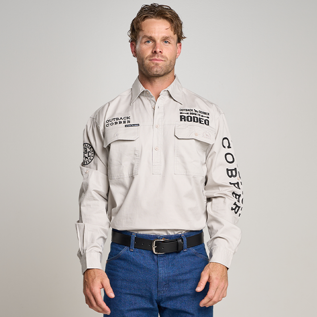 Kilcoy Mens RODEO Half Button Long Sleeve Work Shirt - Ghost Gum Grey