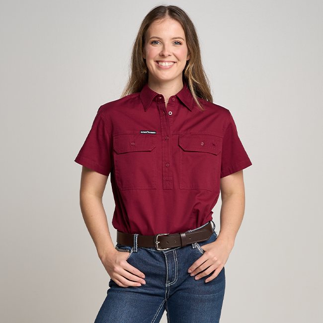 SOMERSET | Womens Half Button Short Sleeve Work Shirt - Burgundy
