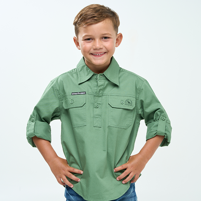 Hazeldean | Kids Half Button Long Sleeve Work Shirt - Gum Leaf Green