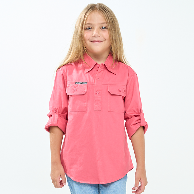 Hazeldean | Kids Half Button Long Sleeve Work Shirt - Hibiscus Pink