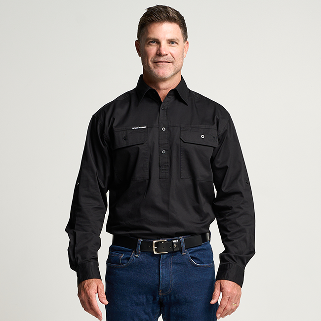 KILCOY | Mens Half Button Long Sleeve Work Shirt - Black