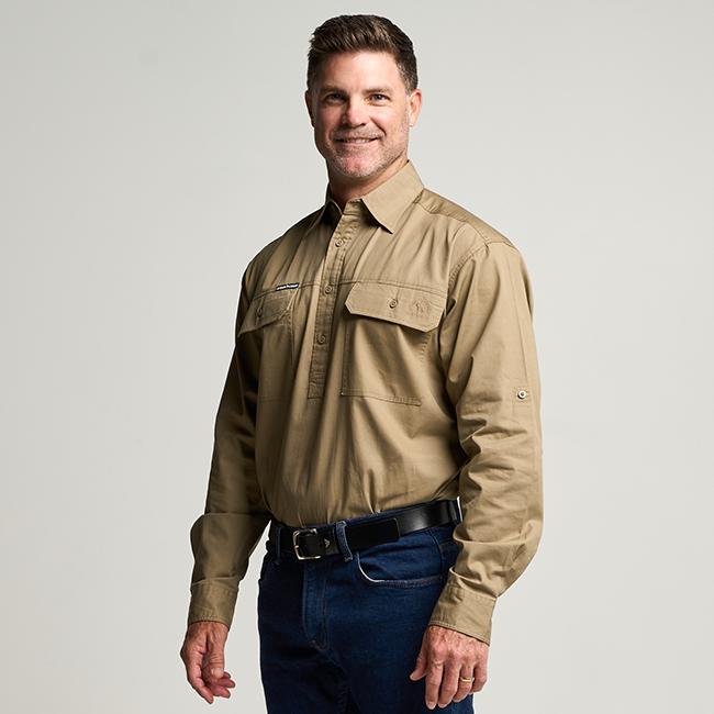 KILCOY | Mens Half Button Long Sleeve Work Shirt - Khaki