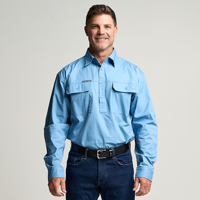 KILCOY | Mens Half Button Long Sleeve Work Shirt - Sky Blue