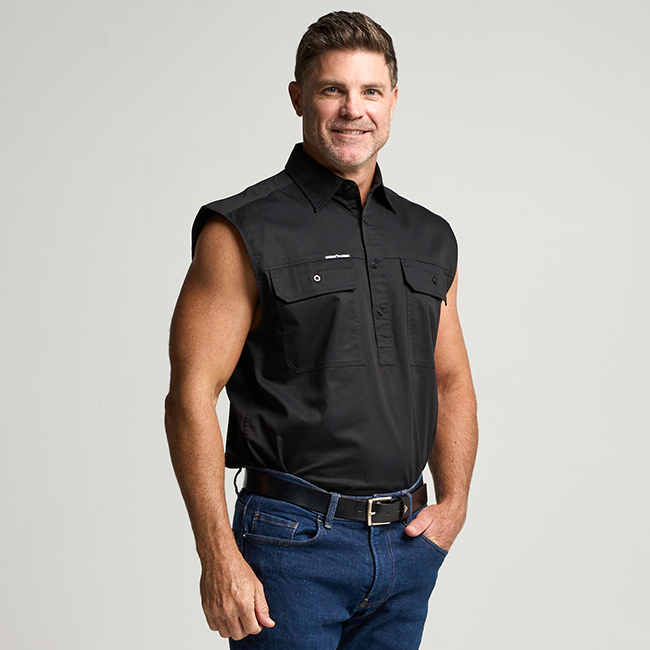 KILCOY | Mens Half Button Sleeveless Work Shirt - Black