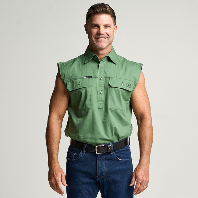KILCOY | Mens Half Button Sleeveless Work Shirt - Gum Leaf Green