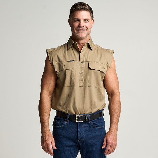 KILCOY | Mens Half Button Sleeveless Work Shirt - Khaki
