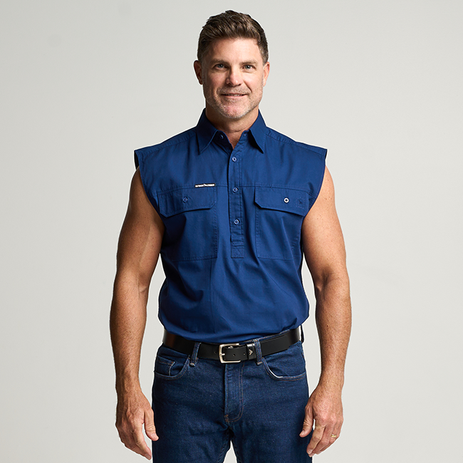 KILCOY | Mens Half Button Sleeveless Work Shirt - Navy