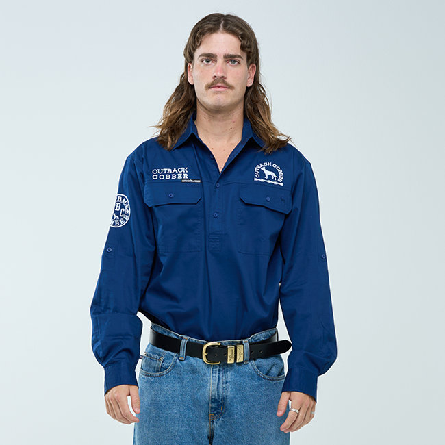 MURRAY | Mens Half Button Long Sleeve Work Shirt - Navy