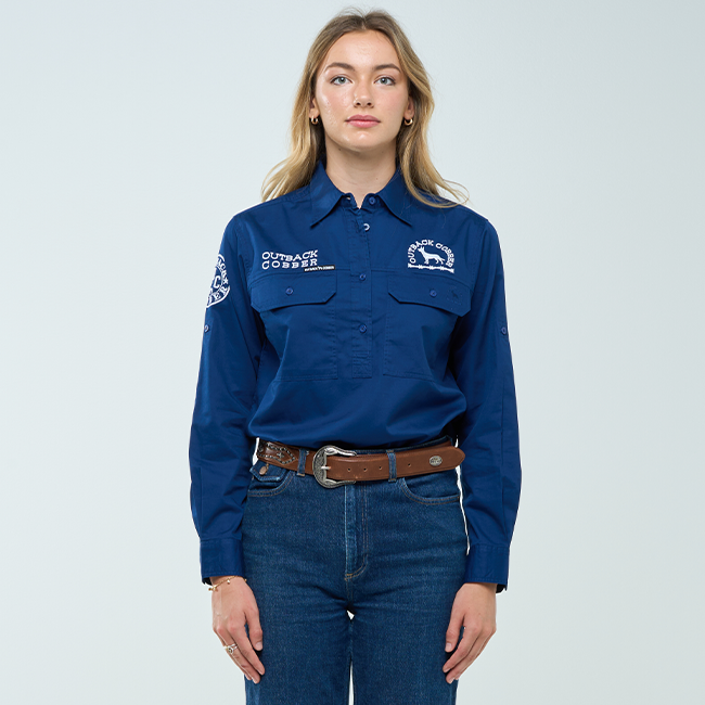 DARLING| Womens Half Button Long Sleeve Work Shirts- Navy