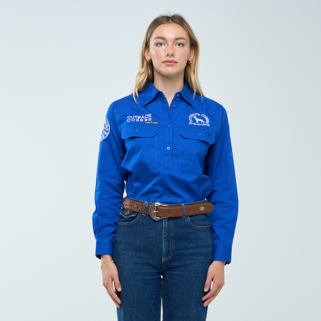 DARLING| Womens Half Button Long Sleeve Work Shirts- Royal