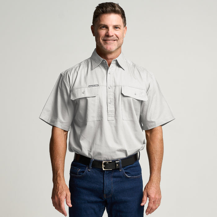 KILCOY | Mens Half Button Short Sleeve Work Shirt - Ghost Gum Grey