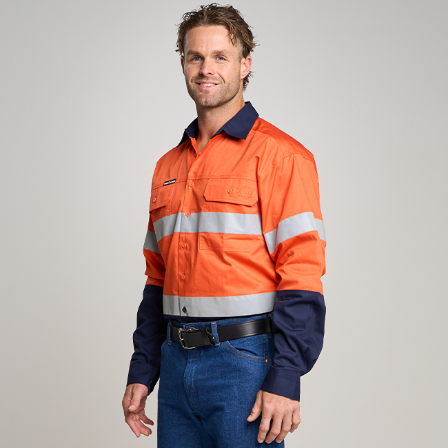 BUNDI | MENS HI VIS LONG SLEEVE SHIRT WITH REFLECTIVE TAPE ORANGE/NAVY
