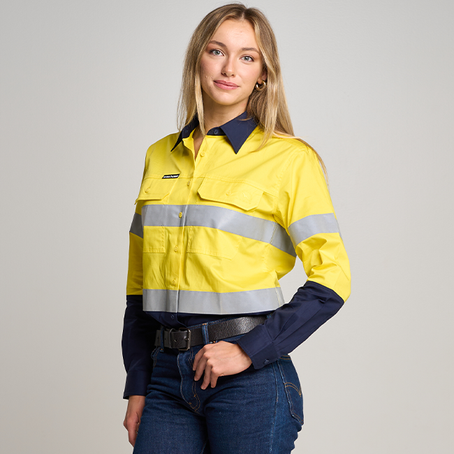 LINDEN | WOMENS HI VIS LONG SLEEVE SHIRT WITH REFLECTIVE TAPE YELLOW/NAVY