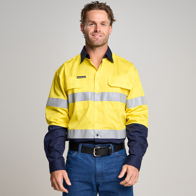 BUNDI | MENS HI VIS LONG SLEEVE SHIRT WITH REFLECTIVE TAPE YELLOW/NAVY