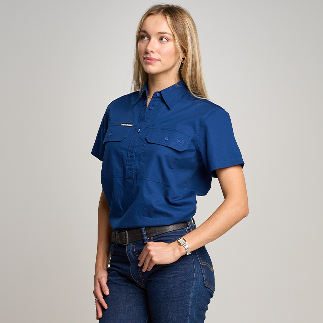 SOMERSET | Womens Half Button Short Sleeve Work Shirt - Navy