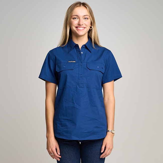SOMERSET | Womens Half Button Short Sleeve Work Shirt - Navy