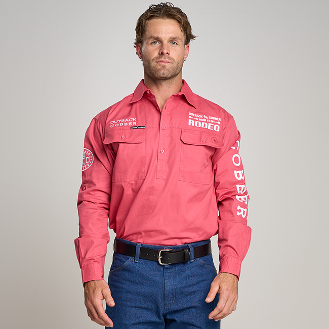 Kilcoy Mens RODEO Half Button Long Sleeve Work Shirt - Hibiscus Pink