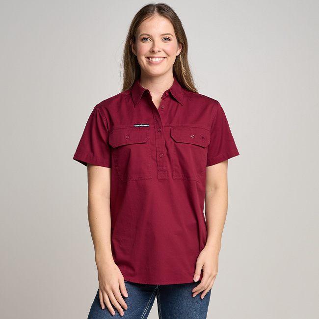 SOMERSET | Womens Half Button Short Sleeve Work Shirt - Burgundy