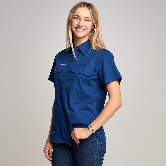 SOMERSET | Womens Half Button Short Sleeve Work Shirt - Navy