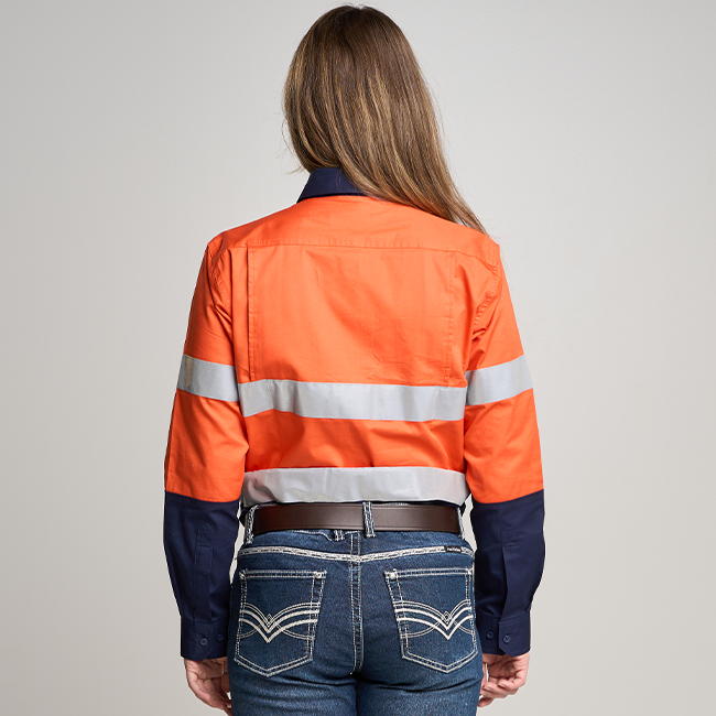 LINDEN | WOMENS HI VIS LONG SLEEVE SHIRT WITH REFLECTIVE TAPE ORANGE/NAVY