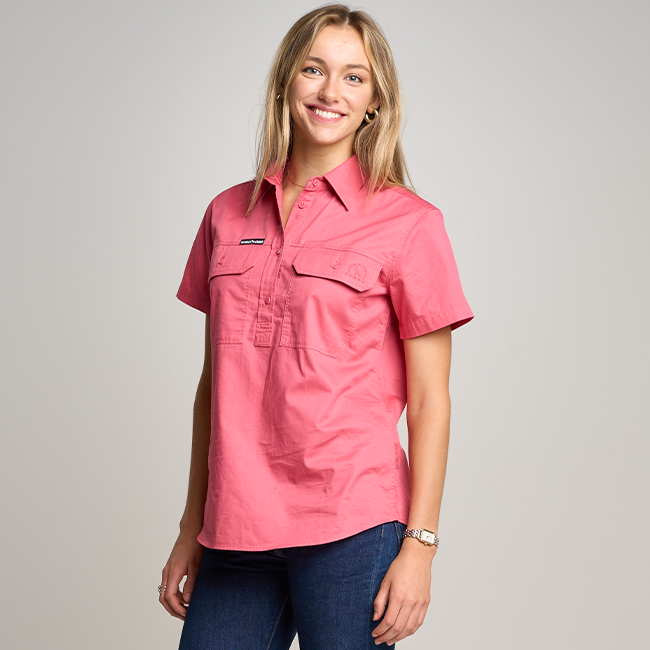 SOMERSET | Womens Half Button Short Sleeve Work Shirt - Hibiscus Pink