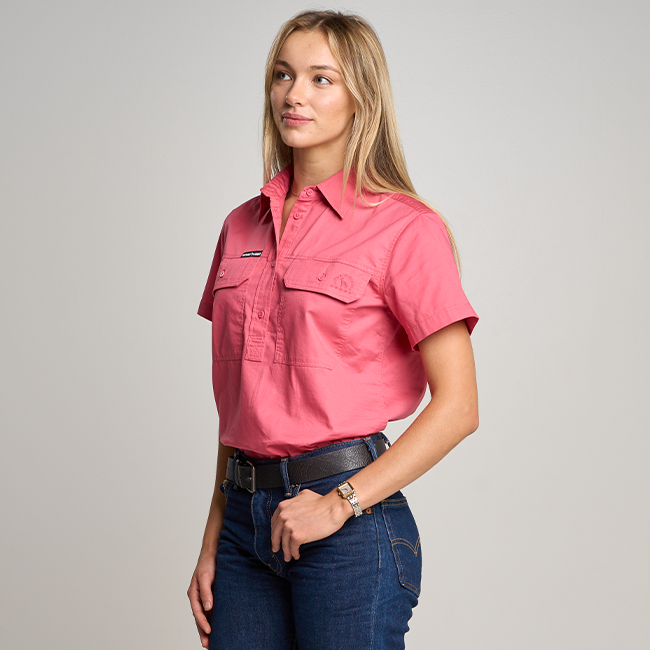 SOMERSET | Womens Half Button Short Sleeve Work Shirt - Hibiscus Pink