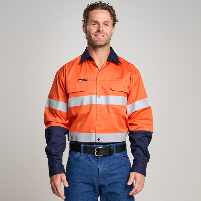 BUNDI | MENS HI VIS LONG SLEEVE SHIRT WITH REFLECTIVE TAPE ORANGE/NAVY