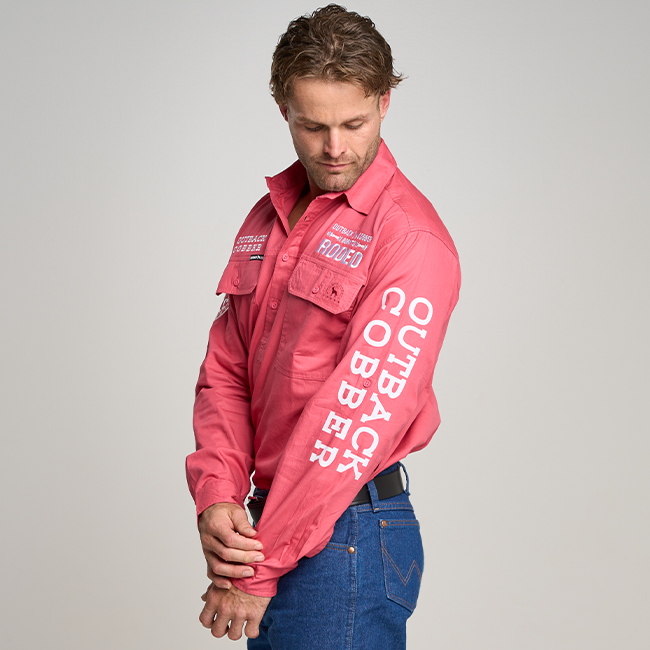 Kilcoy Mens RODEO Half Button Long Sleeve Work Shirt - Hibiscus Pink