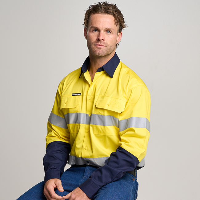 BUNDI | MENS HI VIS LONG SLEEVE SHIRT WITH REFLECTIVE TAPE YELLOW/NAVY