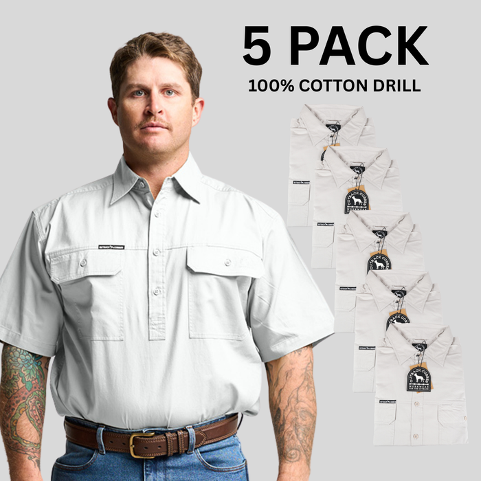 Kilcoy Mens Half Button Short Sleeve Work Shirt 5 Pack- GHOST
