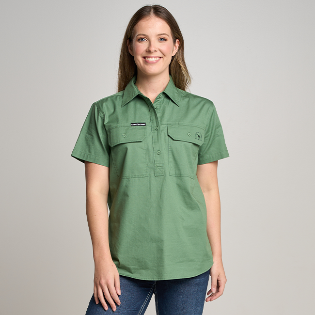 SOMERSET | Womens Half Button Short Sleeve Work Shirt - Gum Leaf Green
