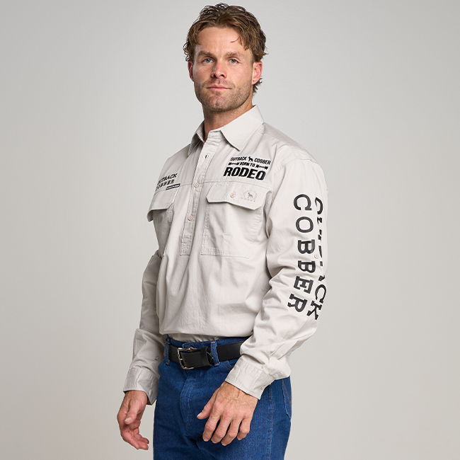 Kilcoy Mens RODEO Half Button Long Sleeve Work Shirt - Ghost Gum Grey