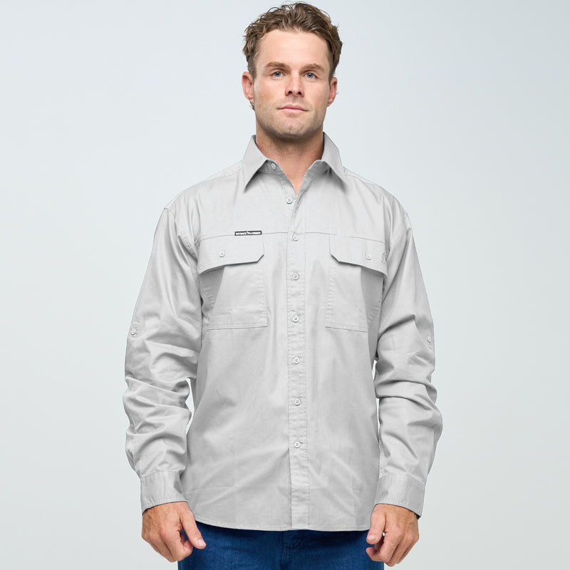 ESK MENS FULL BUTTON LONG SLEEVE WORK SHIRT GHOST GUM GREY