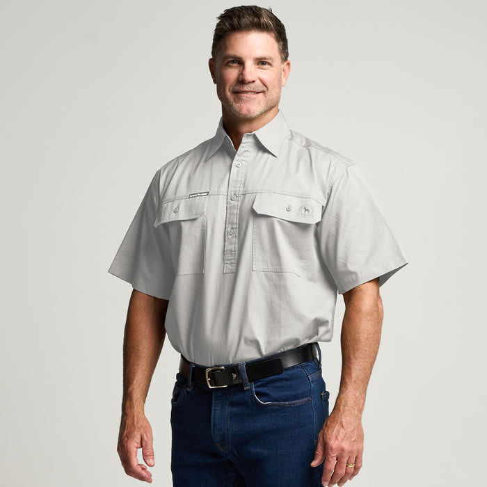 KILCOY | Mens Half Button Short Sleeve Work Shirt - Ghost Gum Grey