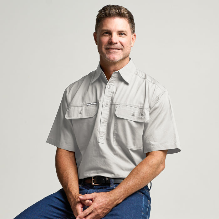 KILCOY | Mens Half Button Short Sleeve Work Shirt - Ghost Gum Grey