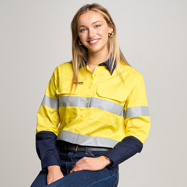 LINDEN | WOMENS HI VIS LONG SLEEVE SHIRT WITH REFLECTIVE TAPE YELLOW/NAVY