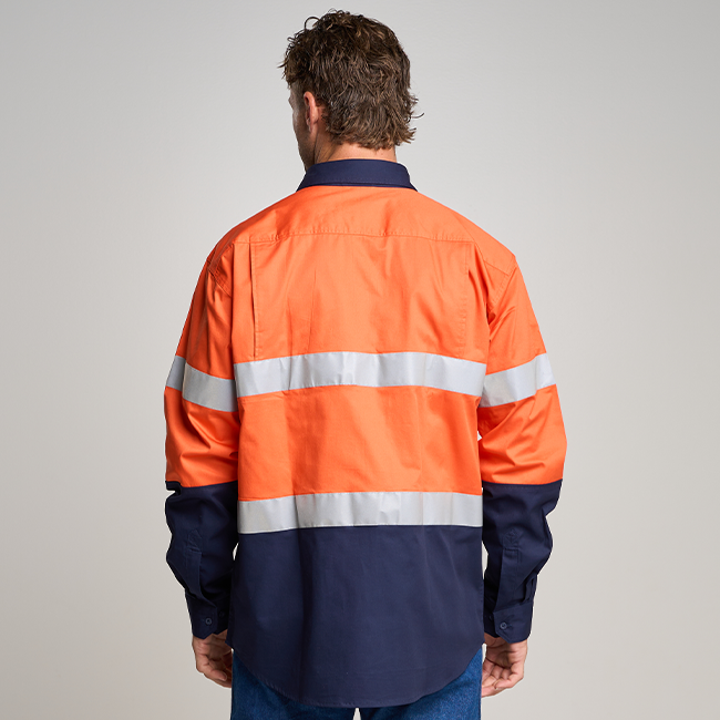 BUNDI | MENS HI VIS LONG SLEEVE SHIRT WITH REFLECTIVE TAPE ORANGE/NAVY