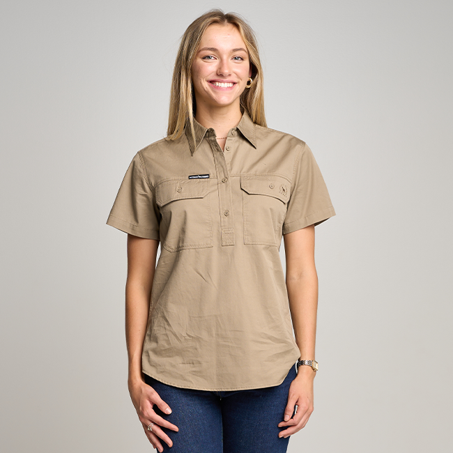 SOMERSET | Womens Half Button Short Sleeve Work Shirt - Khaki