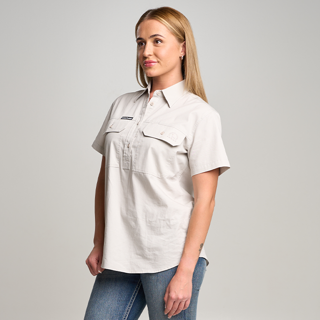 SOMERSET | Womens Half Button Short Sleeve Work Shirt - Ghost Gum Grey