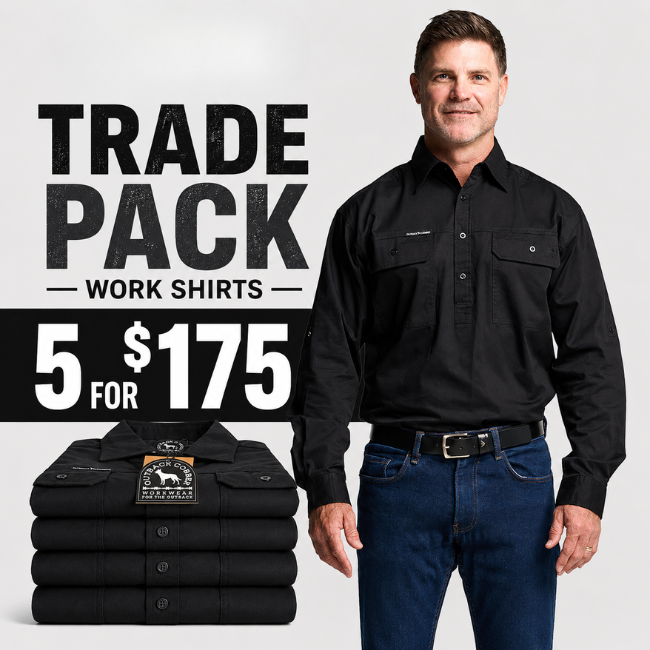 Kilcoy Mens Half Button Long Sleeve Work Shirt 5 Pack- BLACK