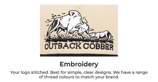 Embroidery design of a cow and calf with 'Outback Cobby' branding on a beige background.
