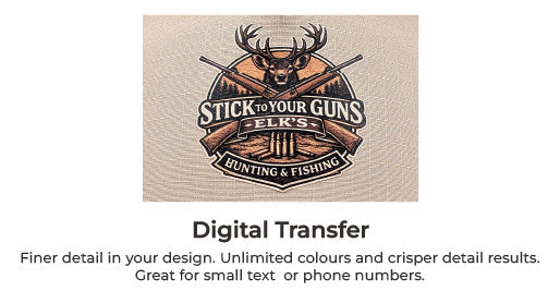 Digital transfer design with a deer and hunting theme on a textured background