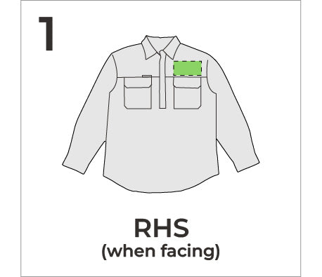 Outline of a shirt with a green label on the chest, labeled 'RHS (when facing)' on a white background.