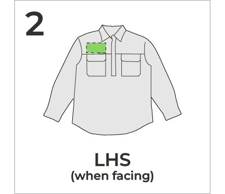 White shirt with a highlighted area on the left hand chest for embroidery position option