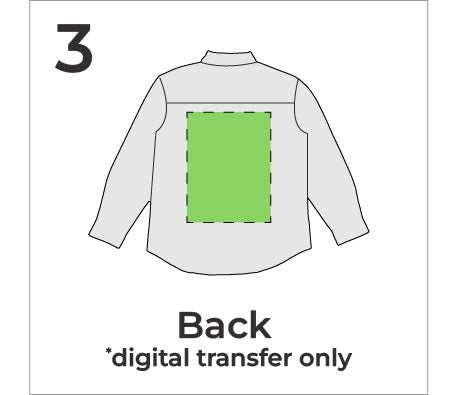White shirt with a green square on the back, labeled 'Back digital transfer only'.