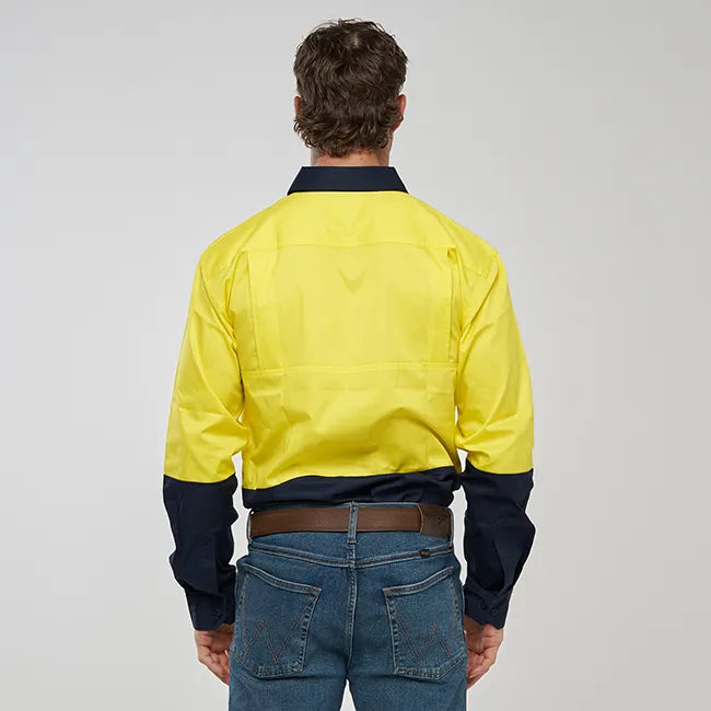 Barcoo Mens Hi Vis Long Sleeve Work Shirt - Yellow/Navy